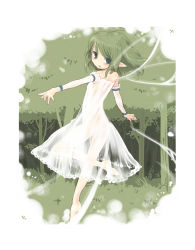 Rule 34 | 1girl, 7010, bare shoulders, barefoot, blush, detached sleeves, dress, fairy, flat chest, green eyes, green hair, highres, matching hair/eyes, open mouth, original, pointy ears, see-through, solo, tree, wings