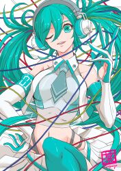 Rule 34 | 1girl, artist name, bare shoulders, boushi-ya, breasts, crop top, elbow gloves, gloves, green eyes, green hair, green thighhighs, hatsune miku, looking at viewer, medium breasts, midriff, miniskirt, one eye closed, skirt, smile, solo, thighhighs, twintails, vocaloid