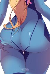 Rule 34 | 1girl, \||/, artist name, ass, ass focus, blonde hair, blue bodysuit, bodysuit, breasts, commentary, english commentary, from behind, himmely, legs together, long hair, metroid, nintendo, patreon username, ponytail, samus aran, shadow, sideboob, solo, standing, thigh gap, thighs, white background