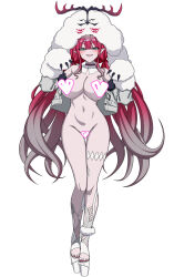 Rule 34 | 1girl, baobhan sith (fate), baobhan sith (swimsuit pretender) (fate), baobhan sith (swimsuit pretender) (first ascension) (fate), blush, breasts, censored, cernunnos (fate), character hood, cleavage, collar, detached collar, fate/grand order, fate (series), full body, grey eyes, heart, heart censor, highres, jacket, large breasts, muta poo, nail polish, navel, nude, open clothes, open jacket, open mouth, pink hair, platform footwear, platform heels, pointy ears, red nails, sidelocks, smile, solo, thighs, white collar