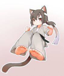 1girl absurdres animal_ear_fluff animal_ears barefoot belt black_belt bright_pupils cat_ears cat_girl cat_tail chinese_commentary clenched_hand closed_mouth commentary_request dougi feet foot_focus foreshortening full_body grey_hair headband highres kuma-bound low_twintails martial_arts_belt medium_hair original pants red_eyes short_twintails soles solo tail toes twintails white_headband white_pants white_pupils