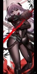 Rule 34 | 1girl, absurdres, arm guards, armor, armored bodysuit, belt, bodysuit, breasts, brown belt, brown bodysuit, dagger, fighting stance, goddess of victory: nikke, grey hair, hair between eyes, halo, highres, holding, holding sword, holding weapon, japanese armor, katana, knife, long hair, looking at viewer, medium breasts, official alternate costume, parted lips, red eyes, scarlet (black shadow) (nikke), scarlet (nikke), sheath, shoulder armor, solo, sword, weapon, ymr yamero