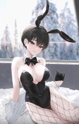 Rule 34 | 1girl, absurdres, animal ears, arm support, artist name, black bow, black bowtie, black gloves, black hair, black leotard, blue eyes, blush, body writing, bow, bowtie, breasts, cleavage, collar, commentary, covered navel, detached collar, fake animal ears, fishnet pantyhose, fishnets, fur jacket, glass, gloves, gwan-e, half gloves, highleg, highleg leotard, highres, jacket, jacket partially removed, large breasts, leaning to the side, leotard, long sleeves, looking at viewer, open clothes, open jacket, original, pantyhose, playboy bunny, rabbit ears, short hair, sidelocks, sitting, smile, solo, strapless, strapless leotard, symbol-only commentary, thighs, tree, white collar, white jacket, window