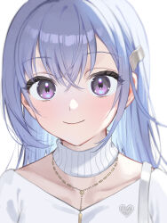 Rule 34 | 1girl, blue hair, blush, breasts, cleavage, collarbone, detached collar, highres, idolmaster, idolmaster shiny colors, jewelry, long hair, looking at viewer, necklace, portrait, purple eyes, shirt, simple background, smile, solo, straight hair, suzuki hana, white background, white shirt, yumeme 818