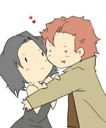 Rule 34 | 00s, 1boy, 1girl, baccano!, chane laforet, chibi, claire stanfield, couple, closed eyes, grey hair, happy, heart, hetero, hug, red hair