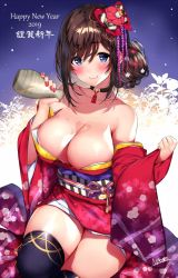 Rule 34 | 1girl, 2019, alcohol, artist name, bare shoulders, black thighhighs, blue eyes, blush, bottle, breasts, brown hair, choker, cleavage, closed mouth, collarbone, commentary request, fingernails, floral print, hair ornament, happy new year, holding, japanese clothes, kimono, large breasts, lips, looking at viewer, mataro (matarou), nail polish, new year, obi, original, sake, sake bottle, sash, shiny skin, signature, simple background, sitting, smile, solo, strapless, thighhighs, tokkuri, wide sleeves