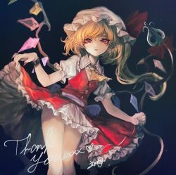 Rule 34 | 1girl, ascot, blonde hair, crystal, dark background, flandre scarlet, frilled shirt collar, frills, hat, hat ribbon, kyogoku-uru, laevatein (touhou), lifting own clothes, light smile, looking at viewer, mob cap, parted lips, petticoat, puffy short sleeves, puffy sleeves, red eyes, red ribbon, red skirt, red vest, ribbon, shirt, short sleeves, simple background, skirt, skirt set, solo, thighs, touhou, vest, wings