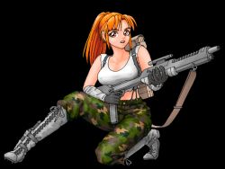 Rule 34 | 1girl, animated, animated gif, backpack, bad company (dr. tecmac), bag, black background, boots, breasts, camouflage, covered erect nipples, gloves, knife, large breasts, looking at viewer, military, open mouth, orange hair, ponytail, red eyes, simple background, solo, tagme