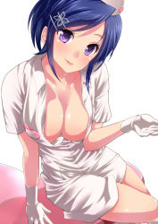 Rule 34 | 1girl, amasora taichi, blue hair, blush, breasts, choukun, cleavage, collarbone, gloves, hair ornament, heart, koihime musou, large breasts, looking at viewer, no bra, nurse, purple eyes, short hair, sitting, smile, solo, white gloves