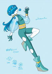 Rule 34 | ambiguous gender, aqua background, aqua footwear, aqua gloves, blue hair, boots, colored skin, earrings, full body, gloves, hair over eyes, hand up, highres, jellyfish, jewelry, leg up, long hair, miharusu, nazar (amulet), original, parted lips, ponytail, see-through, see-through sleeves, simple background, solo, white skin