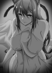 Rule 34 | 1girl, absurdres, animal ear fluff, animal ears, arknights, bed sheet, blanket, blush, breasts, cat ears, cat girl, cat tail, closed mouth, collarbone, comic, completely nude, covering privates, greyscale, highres, large breasts, long hair, monochrome, nude, nude cover, on bed, saikre, schwarz (arknights), silent comic, sitting, solo, tail, very long hair