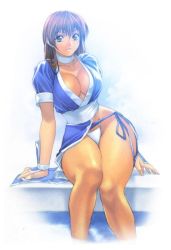 Rule 34 | 1girl, arm support, armor, breasts, brown eyes, brown hair, choker, cleavage, curvy, dead or alive, g-string, highleg, highleg panties, hip focus, homare (fool&#039;s art), japanese armor, japanese clothes, jewelry, kasumi (doa), kimono, kote, large breasts, legs, long hair, long legs, looking at viewer, necklace, ninja, no bra, obi, panties, parted lips, pelvic curtain, pool, poolside, sash, sitting, soaking feet, solo, tan, tecmo, thighs, thong, underwear, white background, white panties, wide hips
