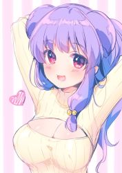 Rule 34 | 1girl, :d, breasts, cleavage, double bun, heart, open-chest sweater, purple hair, ranma 1/2, shampoo (ranma 1/2), smile, solo, sweater, tagme