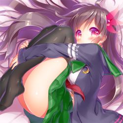 Rule 34 | 10s, 1girl, ahoge, ass, bed sheet, black jacket, black thighhighs, blazer, brown hair, colored eyelashes, crescent, fetal position, from above, from side, green skirt, hair bobbles, hair ornament, hairpin, jacket, kantai collection, kisaragi (kancolle), kisaragi kai ni (kancolle), knees to chest, long hair, long sleeves, looking at viewer, looking to the side, looking up, lying, minami (apricot tea), no panties, on side, open clothes, open jacket, pink eyes, plantar flexion, pleated skirt, sailor collar, school uniform, serafuku, shiny skin, shirt, skirt, solo, text focus, thighhighs, thighs, translation request, upskirt, very long hair, white shirt
