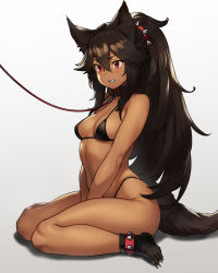 Rule 34 | 1girl, animal ear fluff, animal ears, animal hands, bare arms, bare legs, bare shoulders, barefoot, between legs, bikini, black bikini, black hair, breasts, cerberus (houtengeki), claws, clenched teeth, collar, commentary request, dark-skinned female, dark skin, dog ears, dog tail, fang, hair between eyes, hand between legs, highleg, highleg bikini, highres, houtengeki, leash, long hair, looking away, original, ponytail, red eyes, simple background, sitting, small breasts, solo, string bikini, swimsuit, tail, teeth, v arms, very long hair, wariza, white background