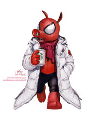 Rule 34 | 1boy, artist name, coat, coffee cup, cup, disposable cup, english text, hand in pocket, holding, holding cup, in-hyuk lee, marvel, open clothes, open coat, open mouth, signature, simple background, spider-ham, spider-man (series), starbucks, teeth, watermark, web address, white background, white coat