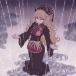 Rule 34 | 1girl, animal print, anime coloring, black dress, blonde hair, breasts, chinese clothes, dress, from above, hair between eyes, hat, junko (touhou), long hair, long sleeves, looking up, miata (miata8674), obi, open hands, outstretched arms, parted lips, puddle, rain, red eyes, reflection, ribbon, sash, sidelocks, solo, standing, tabard, touhou, very long hair, wide sleeves