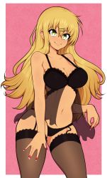 Rule 34 | 1girl, afrobull, black bra, black panties, blonde hair, bra, breasts, brown thighhighs, camisole, cleavage, closed mouth, contrapposto, fingernails, gal gohan, garter straps, hair ornament, hairclip, highres, large breasts, long hair, nail polish, navel, okazaki miku, panties, pink background, red nails, simple background, smile, solo, standing, thighhighs, thighs, underwear, underwear only, yellow eyes