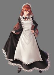 Rule 34 | 1girl, ahoge, alternate costume, apron, blush, enmaided, eris greyrat, fingernails, frilled apron, frills, grey background, hair between eyes, hand on own hip, highres, long fingernails, long hair, looking at viewer, maid, maid apron, maid headdress, mary janes, mushoku tensei, rausu (undeadmachine), red eyes, red hair, red ribbon, ribbon, ringlets, shoes, solo, wavy mouth