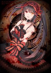 Rule 34 | 10s, 1girl, absurdres, akane yumei snow, bare shoulders, black hair, black neckwear, blood, blood splatter, blush, bow, breasts, character name, choker, clock, clock eyes, copyright name, cowboy shot, date a live, dated, dress, finger to mouth, fingerless gloves, frilled choker, frills, gears, gloves, hair ribbon, hairband, heterochromia, highres, large breasts, lolita fashion, lolita hairband, long hair, looking at viewer, open mouth, orange dress, red eyes, ribbed dress, ribbon, smile, solo, symbol-shaped pupils, tokisaki kurumi, twintails, yellow eyes