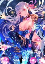 Rule 34 | 1girl, arm under breasts, armlet, armor, bikini armor, breasts, cleavage, collar, commentary request, earrings, fate/grand order, fate (series), floating hair, flower, foot out of frame, hair between eyes, highres, jewelry, kama (fate), kama (third ascension) (fate), large breasts, light particles, long hair, looking at viewer, metal collar, navel, open mouth, pink ribbon, red eyes, ribbon, rioka (southern blue sky), shoulder armor, silver hair, sitting, smile, solo, star (sky), thighlet, very long hair
