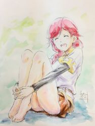Rule 34 | 10s, 1girl, ^ ^, bad id, bad pixiv id, barefoot, blush, boots, braid, closed eyes, hai to gensou no grimgar, hair over shoulder, highres, holding legs, hugging own legs, long hair, long legs, multicolored background, nii manabu, open mouth, red hair, shirt, signature, single braid, sitting, smile, solo, traditional media, watercolor pencil (medium), yume (grimgar)