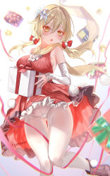 Rule 34 | 1girl, absurdres, blonde hair, blush, breasts, cameltoe, commentary request, dress, flower, genshin impact, hair between eyes, hair flower, hair ornament, highres, looking at viewer, lumine (genshin impact), pottsness, santa dress, thighhighs