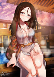 Rule 34 | 1girl, black hair, blue eyes, blush, breasts, cleavage, closed mouth, girls und panzer, highres, japanese clothes, kimono, large breasts, long hair, looking at viewer, megadeko, no bra, nonna (girls und panzer), onsen, smile, solo