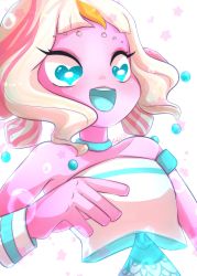 Rule 34 | 1girl, absurdres, choker, colored skin, heart, heart-shaped pupils, highres, mermaid, monster girl, no straight roads, pink skin, sayu (no straight roads), short hair, solo, symbol-shaped pupils