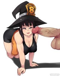 Rule 34 | 1boy, 1girl, all fours, artist name, ass, bike shorts, black hair, breasts, cleavage, collarbone, covered erect nipples, cum, cum on clothes, en&#039;en no shouboutai, hat, heart, heart-shaped pupils, highres, huge penis, huge testicles, large breasts, long hair, looking at another, maki oze, penis, penis awe, penis on face, precum, purple eyes, symbol-shaped pupils, taiger, testicles, tongue, tongue out, uncensored, white background, witch hat