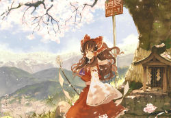Rule 34 | 1girl, ascot, bare shoulders, bow, brown eyes, brown hair, cherry blossoms, cosmic (crownclowncosmic), detached sleeves, female focus, flower, gohei, hair bow, hair tubes, hakurei reimu, hill, japanese clothes, leaf, looking back, miko, one eye closed, petals, ponytail, road sign, shide, shirt, shrine, sign, skirt, sleeveless, sleeveless shirt, smile, solo, touhou, tree, wavy hair, wide sleeves