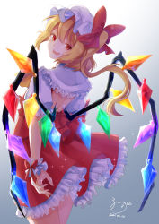 Rule 34 | 1girl, :d, absurdres, blonde hair, bow, commentary request, cowboy shot, crystal, dated, flandre scarlet, frilled shirt collar, frills, from behind, gradient background, grey background, hair between eyes, hair bow, hat, highres, looking at viewer, looking back, mob cap, one side up, open mouth, petticoat, puffy short sleeves, puffy sleeves, red bow, red eyes, red skirt, red vest, short hair, short sleeves, sidelighting, signature, simple background, skirt, smile, solanikieru, solo, standing, teeth, touhou, upper teeth only, vest, white hat, wings, wrist cuffs