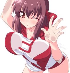 Rule 34 | 1girl, against glass, against wall, arm up, blush, breast press, breasts, brown eyes, brown hair, closed mouth, commentary, cowboy shot, dated, elbow pads, frown, girls und panzer, headband, highres, invisible wall, kondou taeko, kuzuryuu kennosuke, large breasts, leaning forward, looking at viewer, medium hair, one-hour drawing challenge, one eye closed, red headband, red shirt, red shorts, shirt, short shorts, shorts, simple background, sleeveless, sleeveless shirt, solo, sportswear, standing, twitter username, volleyball uniform, white background