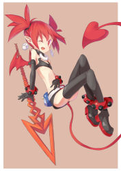 Rule 34 | 1girl, bad id, bad pixiv id, bat wings, black gloves, black thighhighs, demon tail, disgaea, earrings, elbow gloves, elder spear, etna (disgaea), gloves, jewelry, nippon ichi, one eye closed, open mouth, osasimi (overloadetna), overloadetna, pointy ears, polearm, red eyes, red hair, short hair, short shorts, shorts, solo, spear, tail, thighhighs, twintails, weapon, wings, wink