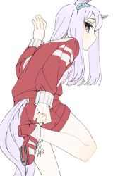 Rule 34 | 1girl, adjusting footwear, animal ears, aqua bow, blush, bow, clothing cutout, ear bow, foot out of frame, highres, horse ears, horse girl, horse tail, horseshoe, jacket, light purple hair, long hair, long sleeves, looking at viewer, mejiro mcqueen (umamusume), parted lips, profile, purple eyes, shoes, shorts, simple background, sketch, sneakers, solo, tail, tail through clothes, tenoo12, track jacket, track uniform, umamusume, white background