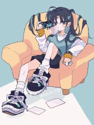 Rule 34 | 1girl, black hair, blue hair, blue sweater vest, bubble blowing, camera, chair, ear piercing, full body, highres, holding, jewelry, long hair, long sleeves, looking at viewer, multicolored hair, nail polish, nou4 777, orange eyes, orange nails, original, piercing, ring, shirt, shoes, simple background, sitting, sneakers, socks, solo, sweater vest, twitter username, watch, white shirt, white socks, wristwatch