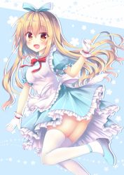 Rule 34 | 1girl, :d, apron, blonde hair, blue bow, blue dress, blue footwear, blush, bow, breasts, brown eyes, commentary request, dress, fang, frilled apron, frilled dress, frills, gloves, hair between eyes, hair bow, hand up, long hair, looking at viewer, looking to the side, medium breasts, open mouth, original, puffy nipples, shoes, skindentation, smile, solo, standing, standing on one leg, striped bow, striped clothes, striped dress, suzukawa yui, thighhighs, vertical-striped clothes, vertical-striped dress, very long hair, white apron, white gloves, white thighhighs