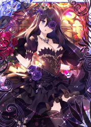 Rule 34 | 1girl, :o, black dress, black gloves, black hair, black thighhighs, breasts, collaboration, crown, dress, falkyrie no monshou, floral print, flower, gloves, hair flower, hair ornament, jewelry, medium breasts, natsumekinoko, necklace, official art, one eye covered, open mouth, purple eyes, purple flower, purple rose, red flower, red rose, rose, rose print, shinkai no valkyrie, sunlight, thighhighs, window