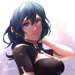 Rule 34 | 1girl, aldafera art, black shirt, blue eyes, blue hair, breasts, byleth (female) (fire emblem), byleth (fire emblem), cleavage, fire emblem, fire emblem: three houses, hand in own hair, highres, large breasts, light, lips, looking at viewer, medium hair, nintendo, shirt, smile, solo, watermark