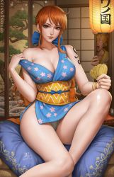 Rule 34 | 1girl, bracelet, breasts, cleavage, clothes pull, dress, dress pull, earrings, hair ribbon, highres, jewelry, large breasts, lips, looking at viewer, nami (one piece), one piece, orange eyes, orange hair, pillow, ribbon, sciamano240, seductive smile, short dress, shoulder tattoo, side slit, sitting, smile, solo, tattoo, thick thighs, thighs, underwear, undressing