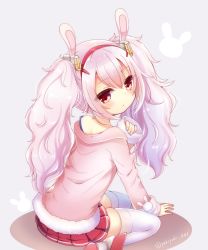 Rule 34 | 1girl, animal ears, azur lane, commentary request, fake animal ears, from behind, hairband, laffey (azur lane), long hair, looking at viewer, looking back, pleated skirt, red eyes, silver hair, simple background, sitting, skirt, solo, thighhighs, twintails, wariza, white thighhighs, yukiyuki 441, zettai ryouiki
