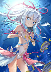 Rule 34 | 1girl, air bubble, arm ribbon, bare shoulders, blue eyes, bracelet, breasts, bubble, closed mouth, collar, commentary request, detached collar, fish, fish request, flower, frilled collar, frilled skirt, frills, hair ornament, hands up, highres, jewelry, long hair, looking at viewer, mana (shironeko project), navel, panties, pink flower, pink skirt, purple ribbon, revealing clothes, ribbon, shironeko project, showgirl skirt, sidelocks, silver hair, skirt, small breasts, smile, solo, star (symbol), starfish, sunlight, tajuu jinkakuno kaze, underwater, underwear, white panties, wrist cuffs
