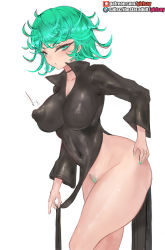 Rule 34 | 1girl, alternate breast size, artist name, breasts, cleavage, collarbone, covered erect nipples, covered navel, curly hair, curvy, female pubic hair, girlsay, green eyes, green hair, highres, large breasts, nipples, one-punch man, pubic hair, puffy nipples, short hair, solo, tatsumaki, thick thighs, thighs, white background