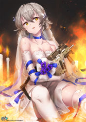 Rule 34 | 1girl, bare shoulders, blush, breasts, bridal veil, candle, choker, cleavage, closed mouth, collarbone, dress, earrings, elbow gloves, fire, girls&#039; frontline, gloves, gun, hair ornament, hand up, head tilt, highres, holding, holding gun, holding weapon, jewelry, kriss vector, kyjsogom, looking at viewer, medium breasts, official alternate costume, open mouth, short hair, sidelocks, signature, silver hair, sitting, solo, sparkle, strapless, strapless dress, submachine gun, thighhighs, torn clothes, vector (ardent devotion) (girls&#039; frontline), vector (girls&#039; frontline), veil, weapon, wedding dress, white dress, white gloves, white thighhighs, yellow eyes