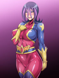 Rule 34 | 1girl, black beat, blush, bodysuit, breasts, droite (yu-gi-oh!), gloves, highres, large breasts, lipstick, long hair, looking at viewer, makeup, multicolored hair, pink background, simple background, solo, standing, yellow eyes, yu-gi-oh!, yuu-gi-ou, yuu-gi-ou zexal