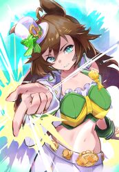 Rule 34 | 1girl, ahoge, animal ears, aqua eyes, breasts, brown hair, commentary, crop top, green shirt, grin, hair between eyes, hat, highres, horse ears, jacket, large breasts, long hair, looking at viewer, maato tac, midriff, mini hat, mini top hat, mr. c.b. (umamusume), navel, open clothes, open jacket, pants, parted lips, shirt, single bare shoulder, smile, solo, stomach, strapless, strapless shirt, top hat, umamusume, upper body, very long hair, white hat, white jacket, white pants