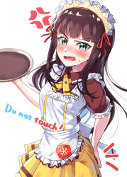 Rule 34 | 1girl, absurdres, anger vein, angry, apron, aqua eyes, black hair, blush, coco&#039;s, collared shirt, commentary request, english text, frilled apron, frilled sleeves, frills, hair ribbon, hand on own ass, highres, holding, holding tray, kurosawa dia, long hair, looking at viewer, love live!, love live! school idol festival, love live! sunshine!!, maid headdress, mole, mole under mouth, name tag, neck ribbon, notice lines, open mouth, red ribbon, ribbon, shaka (staito0515), shirt, short sleeves, simple background, skirt, solo, sweatdrop, tray, v-shaped eyebrows, waist apron, waitress, white apron, white background, yellow ribbon, yellow skirt