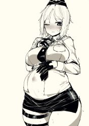Rule 34 | akitaka takaaki, blouse, blush, embarrassed, girls&#039; frontline, gloves, hand on own stomach, highres, medal, military, military uniform, miniskirt, mp40 (girls&#039; frontline), one eye closed, open clothes, pregnant, shirt, short hair, skirt, stomach, uniform