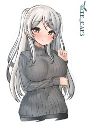 Rule 34 | 1girl, brown eyes, conte di cavour (kancolle), covered navel, grey hair, grey sweater, kantai collection, looking at viewer, parted lips, ribbed sweater, simple background, solo, sweater, tf cafe, turtleneck, turtleneck sweater, twitter username, two side up, upper body, white background
