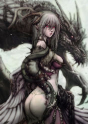 Rule 34 | ass, bare shoulders, bottomless, chain, choker, choumeisekimu, couter, detached sleeves, dragon, highres, horns, lips, long hair, looking back, parted lips, pointy ears, red eyes, silver hair, tattoo, thighhighs, wings